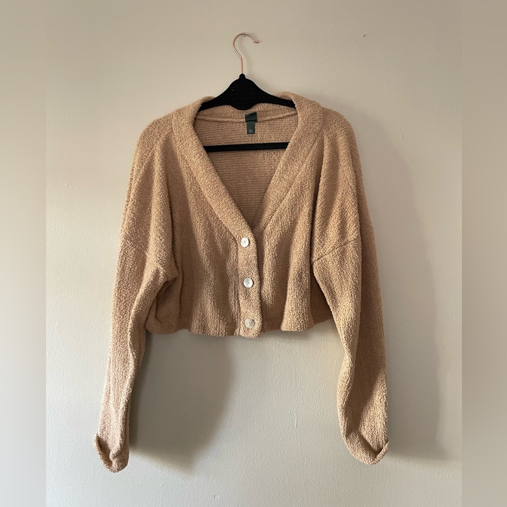 Cropped teddy brown button down cardigan